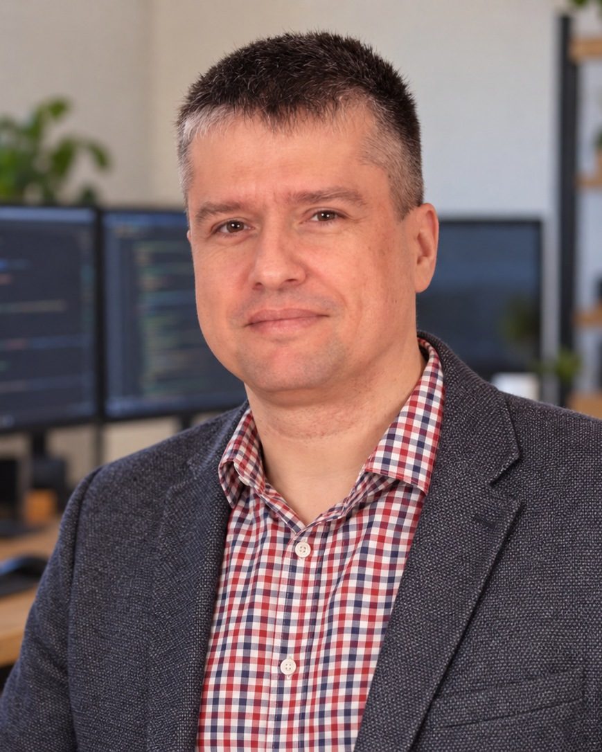 Antali Zoltán az irodájában, mögötte monitorok egy ERP-felülettel és kódszerkesztővel