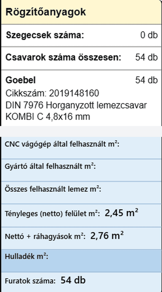Nagyítás a rajzlap jobb oldali sávjából: 54 db Goebel DIN 7976 horganyzott lemezcsavar, cikkszám 2019148160; nettó felület 2,45 m², ráhagyásokkal 2,76 m², 54 furat